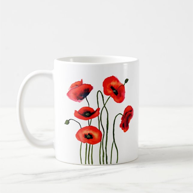 Caneca De Café Amo Você Mãe | Papoulas Vermelhas Aquarela (Esquerda)