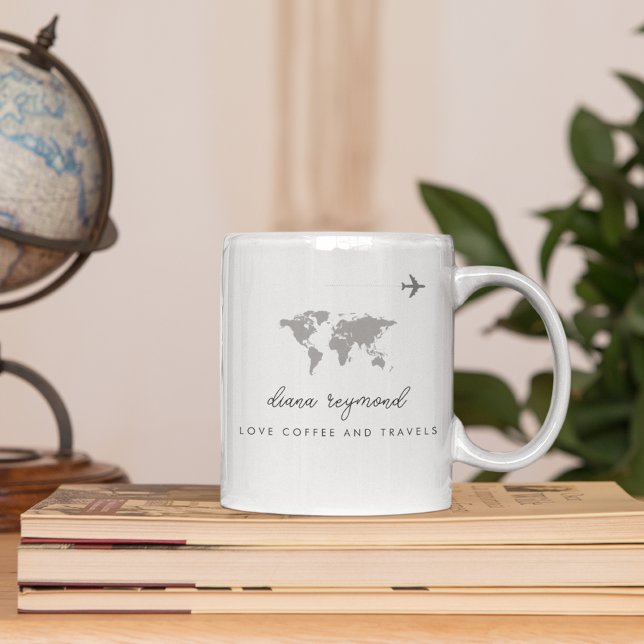 Caneca De Café Amor Café e Viagem avião e mapa mundial (Criador carregado)