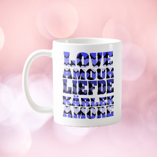 Caneca De Café Amor em muitas línguas Corações Azul