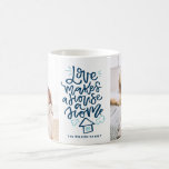 Caneca De Café Amor faz da casa uma casa que marca duas fotos<br><div class="desc">Uma caneca personalizável moderna,  com a letra "o amor faz uma casa" com duas colagens de fotos. Personalizado adicionando fotos de sua própria família. Esta familia será perfeita como presente.</div>