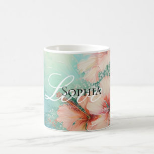 Caneca De Café Amor Floral de Hibisco Branco Pêssego Tropical