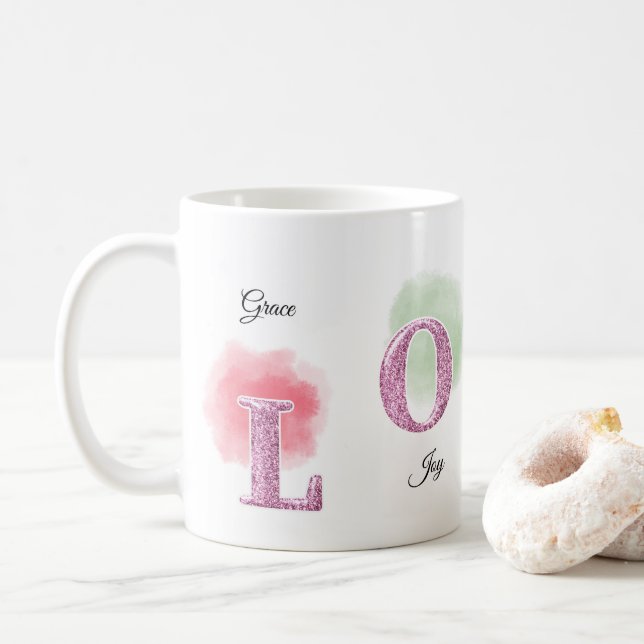 Caneca De Café AMOR Nome Personalizado Inicial Design Aquarela (Com Donut)