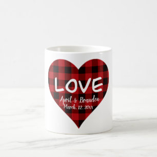 Caneca De Café Amor, padrão de xadrez de búfalo vermelho, cora