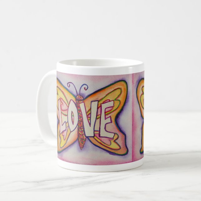 Caneca De Café Amor Palavra Arte Rosa Borboleta Asas Café Mug (Frente Esquerda)