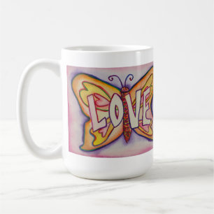 Caneca De Café Amor Palavra Pink Butterfly Art Coffee Cup ou Mug