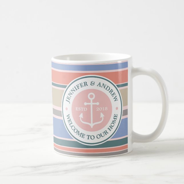 Caneca De Café Anchor Monograma Trendes Stripes Náuticas Rosa (Direita)