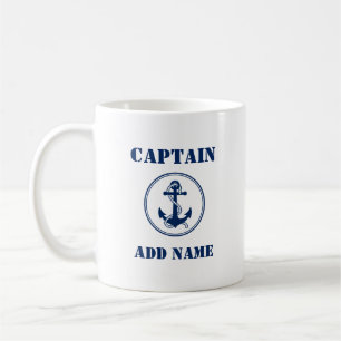 Caneca De Café Âncora Azul e Corda Capitão Adicionar Nome ou No