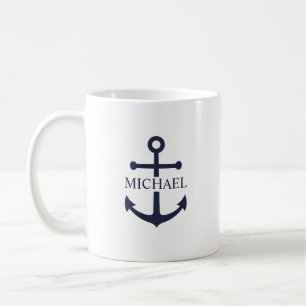 Caneca De Café Âncora Azul Marinho Náutico Nome Personalizado