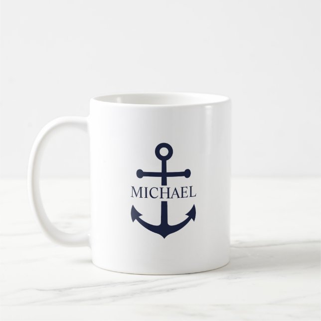 Caneca De Café Âncora Azul Marinho Personalizada Nome (Esquerda)