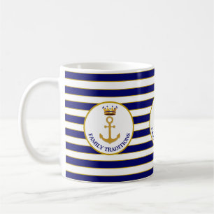 Caneca De Café Âncora e coroa da família em azul & no branco
