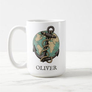 Caneca De Café Âncora e Globo Vintage: Viajante Mundial Náutico