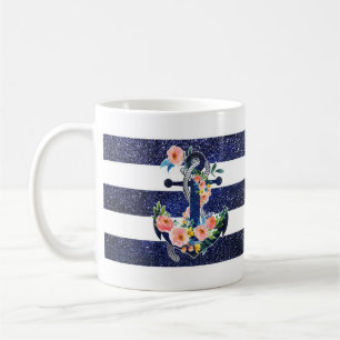 Caneca De Café Âncora floral sobre fundo listrado