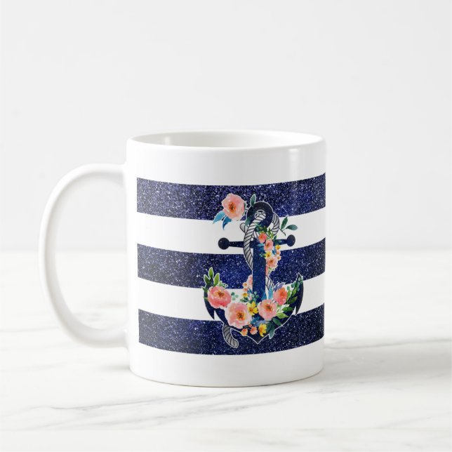 Caneca De Café Âncora floral sobre fundo listrado (Esquerda)