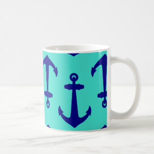 Caneca De Café Âncora Marinho Azul Em Decoração Costeira Turqu