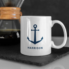 Caneca De Café Âncora Monograma Nome Azul Marinho Náutico