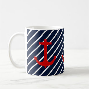 Caneca De Café Âncora Vermelha com Faixa Diagonal Azul Marinho Ná