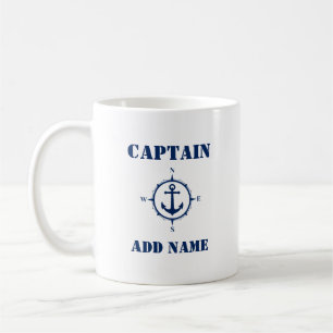 Caneca De Café Ancoragem Compass Azul Capitão Adicionar Nome ou N