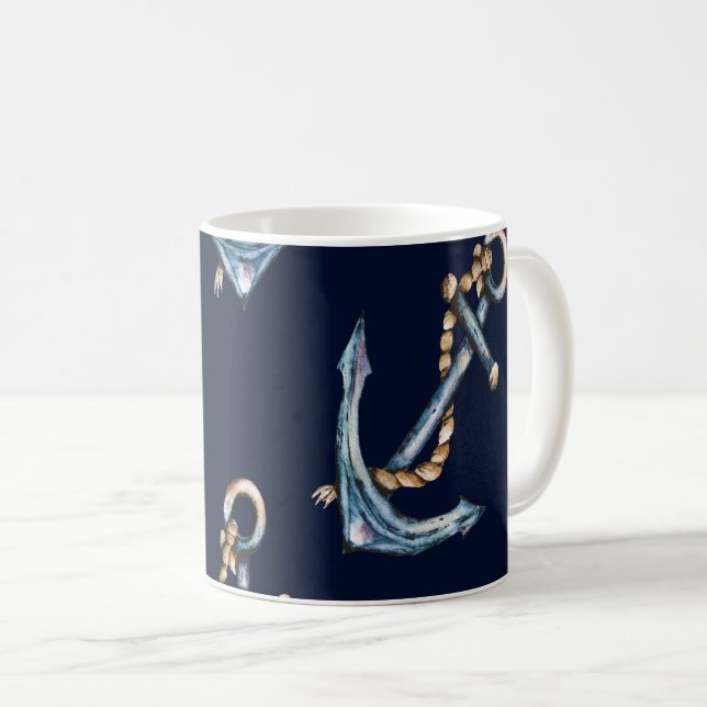Caneca De Café Âncoras Aquarela Azul Marinho  (Frente Esquerda)