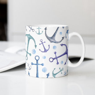 Caneca De Café Âncoras azuis de aquarela. Padrão do oceano náutic