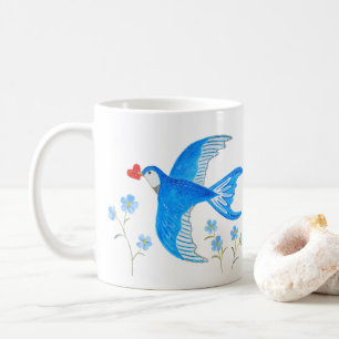 Caneca De Café Andorinha Azul Carregando Arte Folclórica de Pássa
