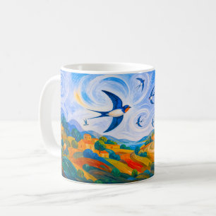 Caneca De Café Andorinhas voando sobre uma paisagem de verão flui