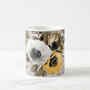 Caneca De Café Anêmonas brancas e amarelas sobre fundo castanho-c