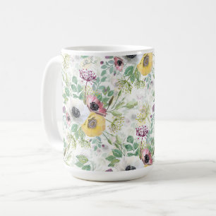 Caneca De Café Anêmonas rosa, brancas e amarelas.