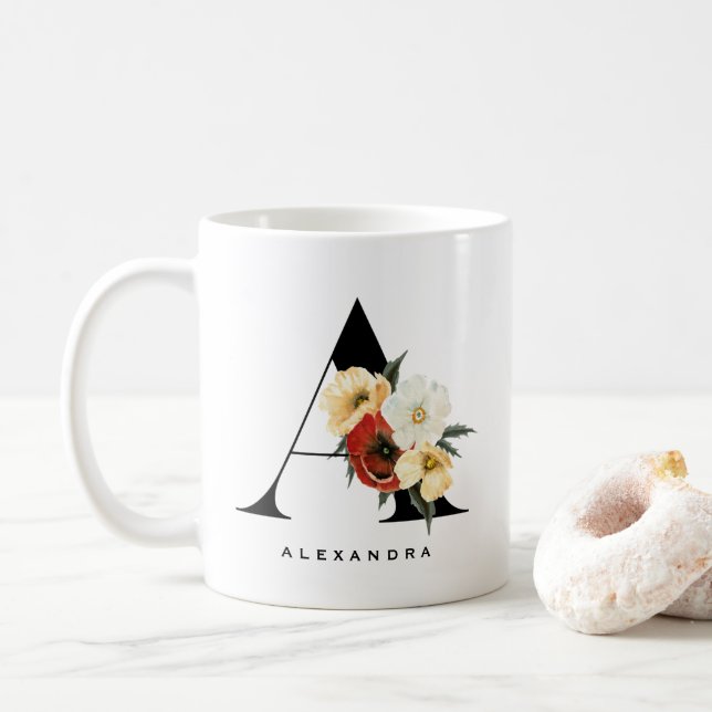 Caneca De Café Anemone por Aquarela Botânica - Letra A Monograma (Com Donut)