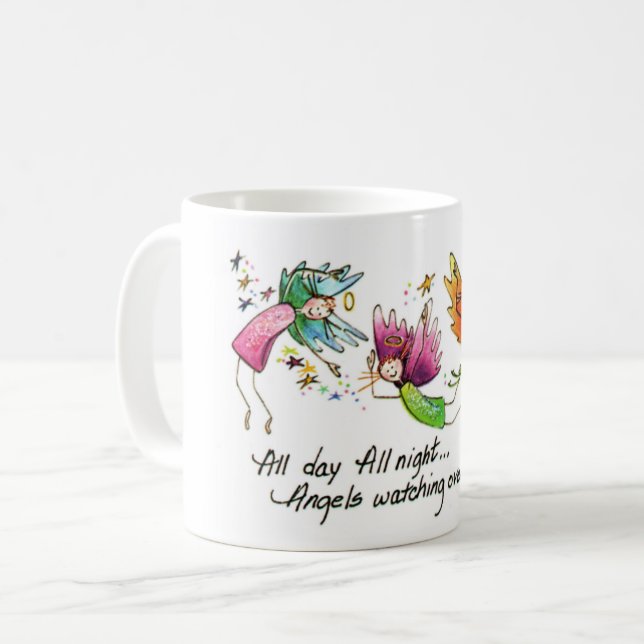 Caneca De Café Ângulos que voam alegremente "O dia todo" esboço d (Frente Esquerda)