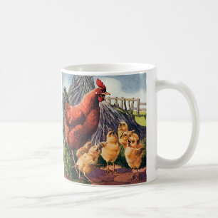 Caneca De Café Animais Antigos, Galinha com Pintinhos na Fazenda