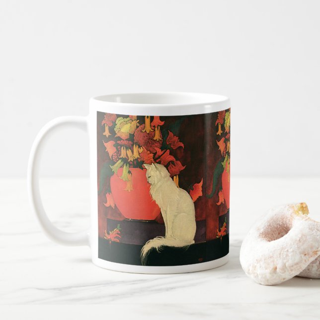 Caneca De Café Animais Antigos, Gato Branco Elegante, Flores de O (Com Donut)