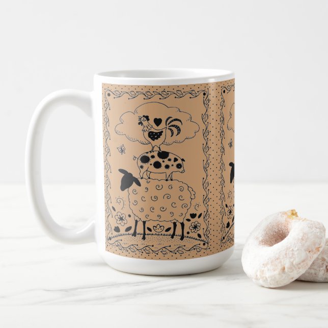 Caneca De Café ANIMAIS DE EXPLORAÇÃO DE ARTE FOLK OEEP ROOSTER Pr (Com Donut)
