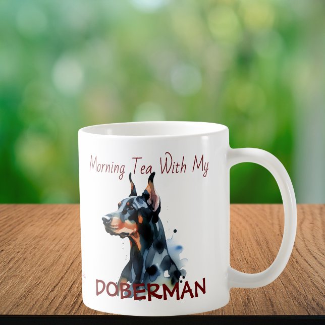 Caneca De Café Animais Doberman em Aquarela Preto Personalizar (Elegant Doberman Mug, Personalize this Design, edit the wording into something meaningful to you.)
