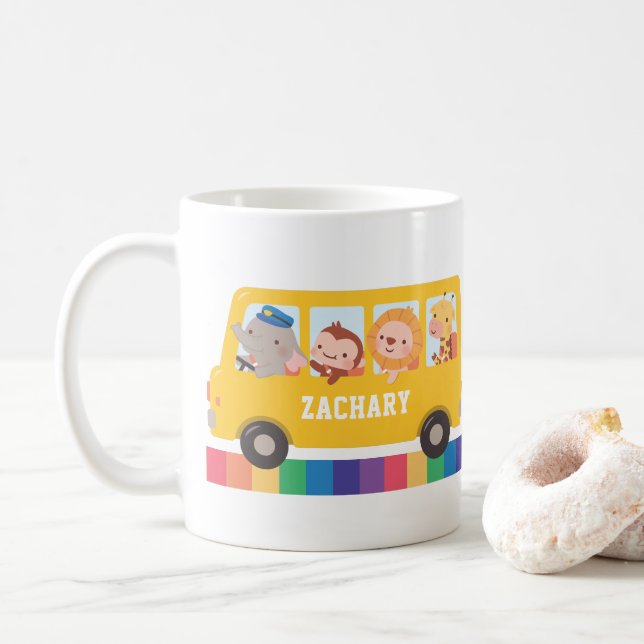 Caneca De Café Animais Felizes E Filhos De Ônibus Amarelos Mug (Com Donut)