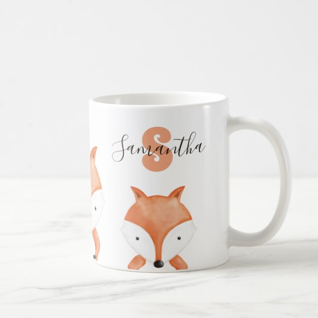 Caneca De Café Animal Watercolor Fox Name Monograma (Direita)