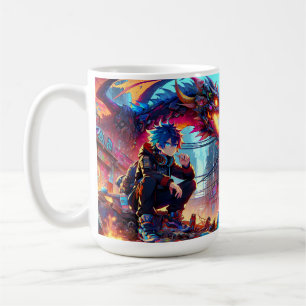 Caneca De Café Anime Boy e Dragão em um mundo distópico