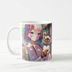 Caneca De Café Anime Girl and Siamese Cat Personalizado