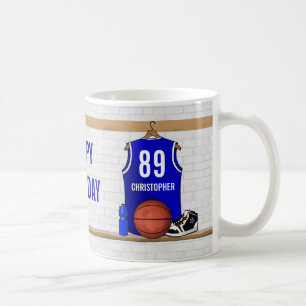 Caneca De Café Aniversário azul e branco do jérsei do basqueteb