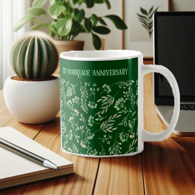 Caneca De Café Aniversário das Folhas Botânicas Verde da Floresta (Spring Forest Green Botanical Leaves Anniversary Coffee Mug)