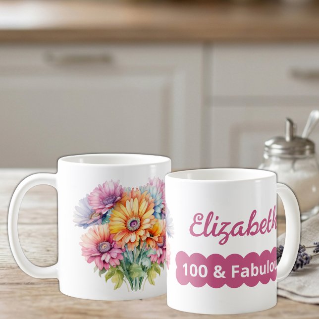 Caneca De Café aniversário de 100 anos nome gerbera flores rosa (Criador carregado)