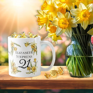 Caneca De Café Aniversário de 21 anos Floral Elegante Amarelo