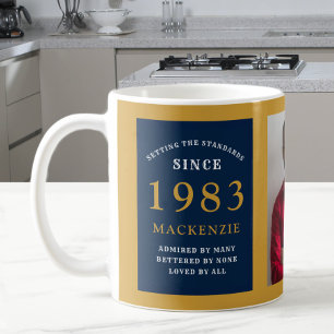 Caneca De Café aniversário de 40 anos 1983 Blue Dourado Add Name