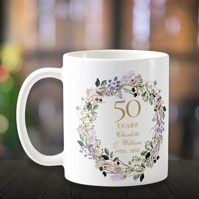 Caneca De Café Aniversário de 50 anos de Casamento Grinalda Flora (50th Wedding Anniversary Floral Lavender Garland Coffee Mug)