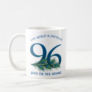 Caneca De Café Aniversário de 96 anos Pena de Pavão Personalizáve