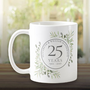 Caneca De Café Aniversário de Casamento de 25 de Watercolor Green