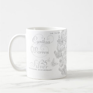 Caneca De Café Aniversário de Casamento de 25 Silver da Borboleta