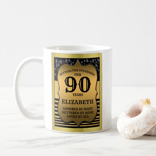 Caneca De Café Aniversário do 90, Black & Dourado Shield adicione (Com Donut)