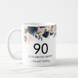 Caneca De Café Aniversário do 90 Personalizado Floral do Marinho 