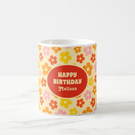 Caneca De Café Aniversário feliz do Flor Laranja Boho