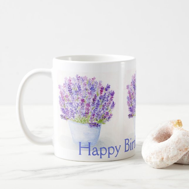 Caneca De Café ANIVERSÁRIO FLORAL DA Lavanda de Aquarela pintada  (Com Donut)